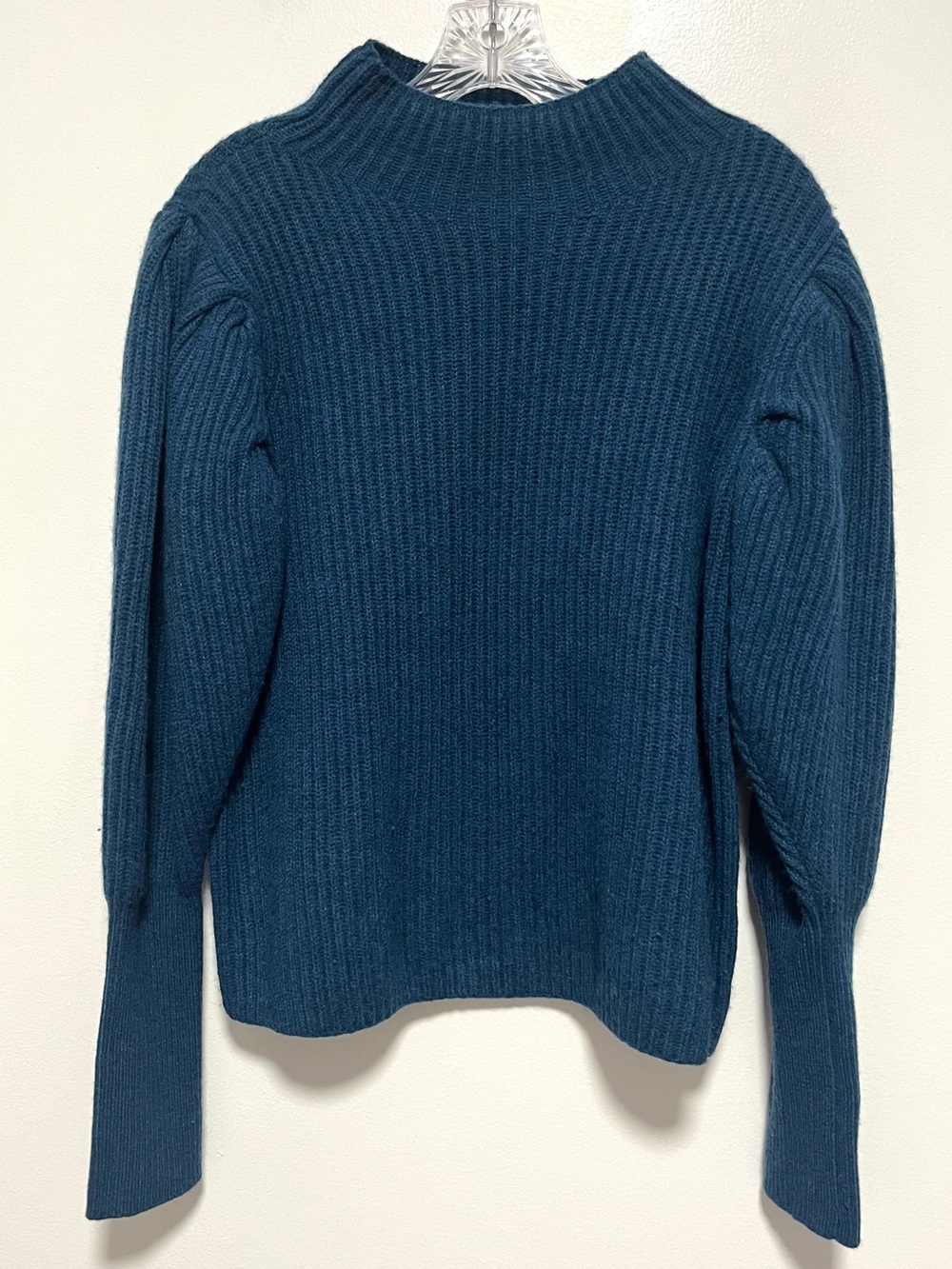 Club Monaco Cashmere Mock Neck Ribbed Balloon Sleeve Knit Sweater Large Blue